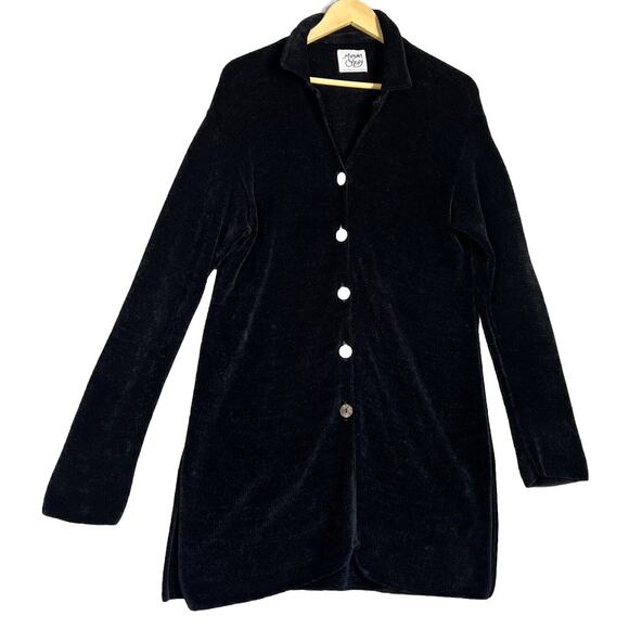 Margaret O'Leary Cardigan Medium Black Chunky Knit Rayon Chenille Long Straight - Picture 1 of 10